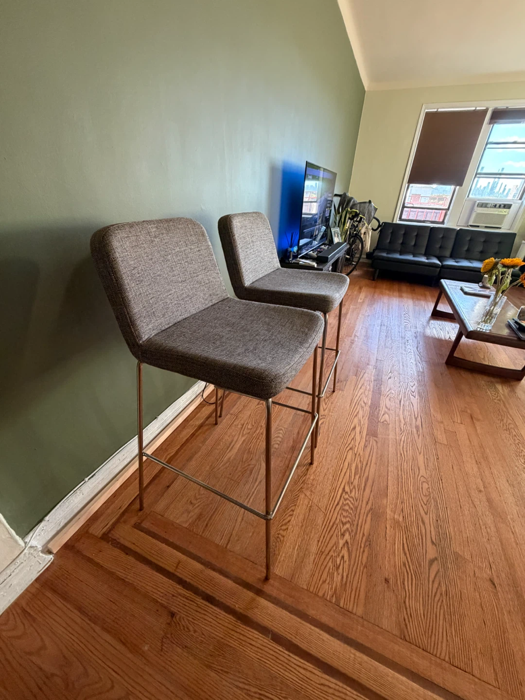 Two CB2 Gray Upholstered Bar Stools - photo 4