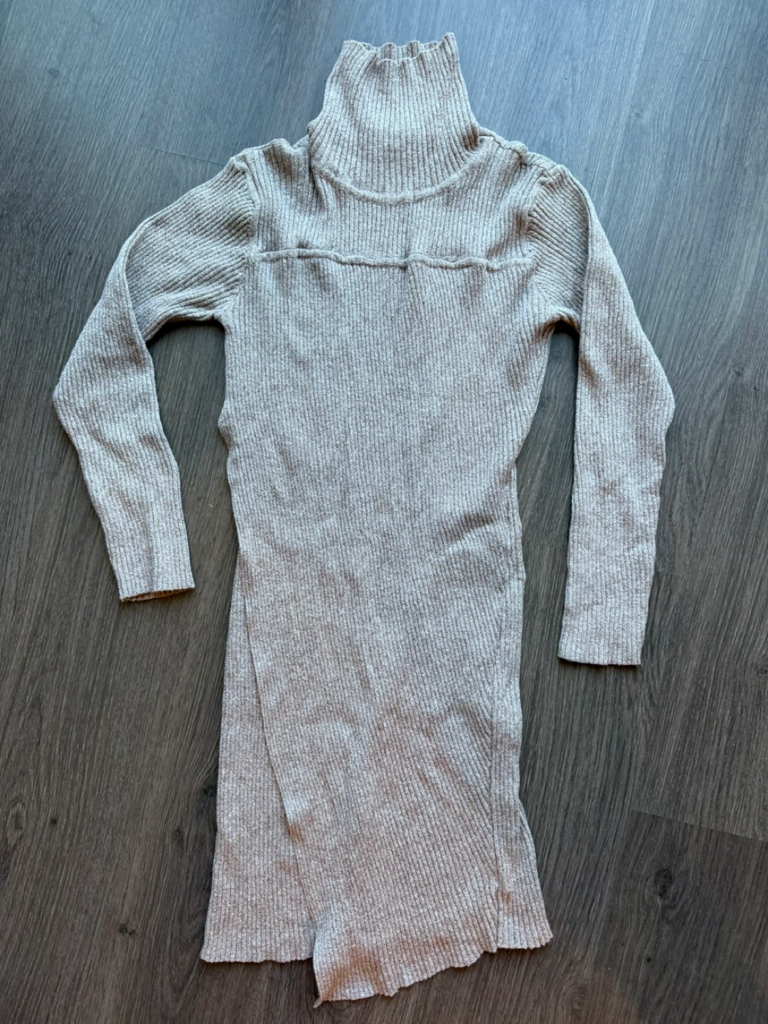 Beige Ribbed Turtleneck Sweater Dress