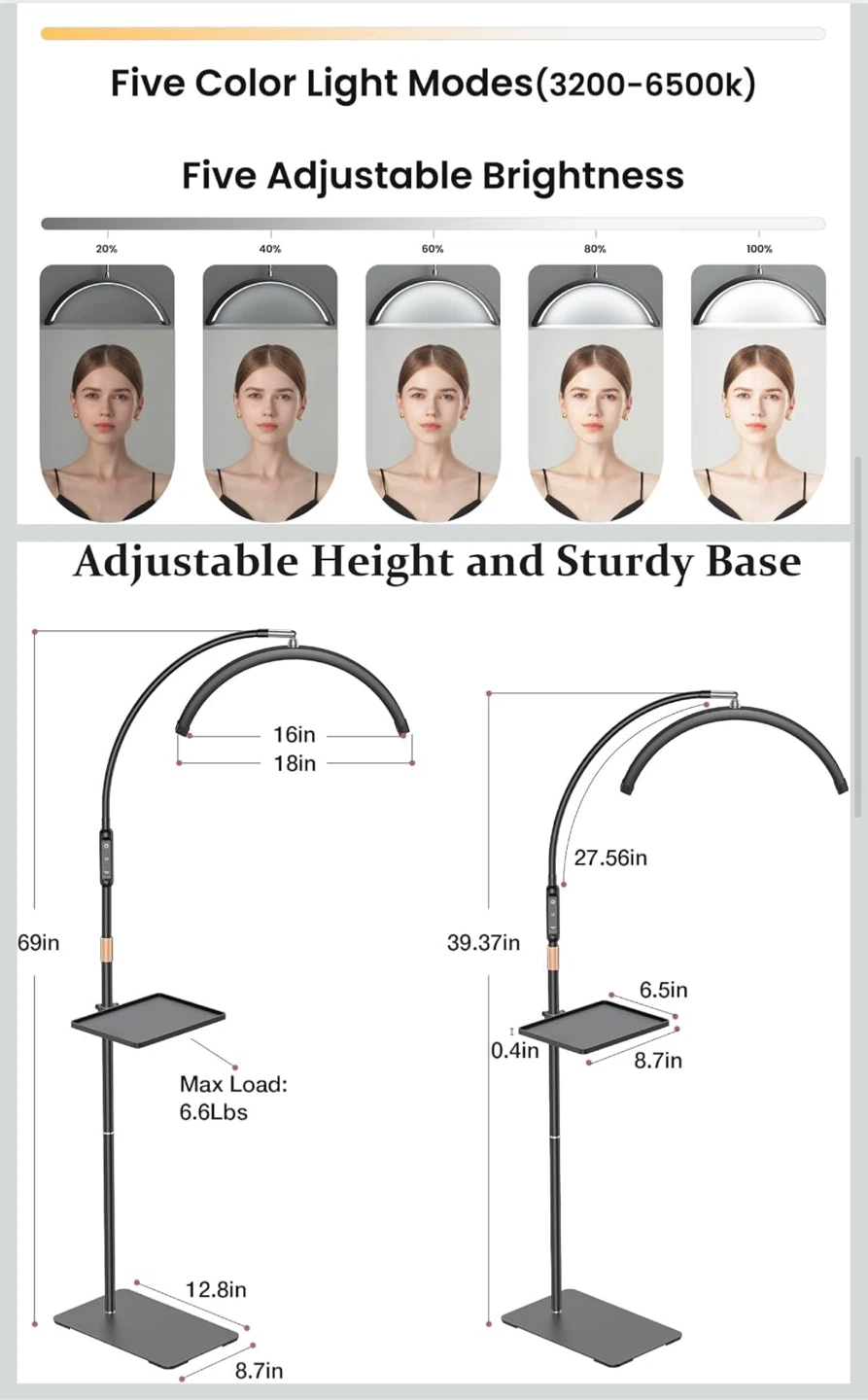 Adjustable Half-Moon Beauty Floor Lamp