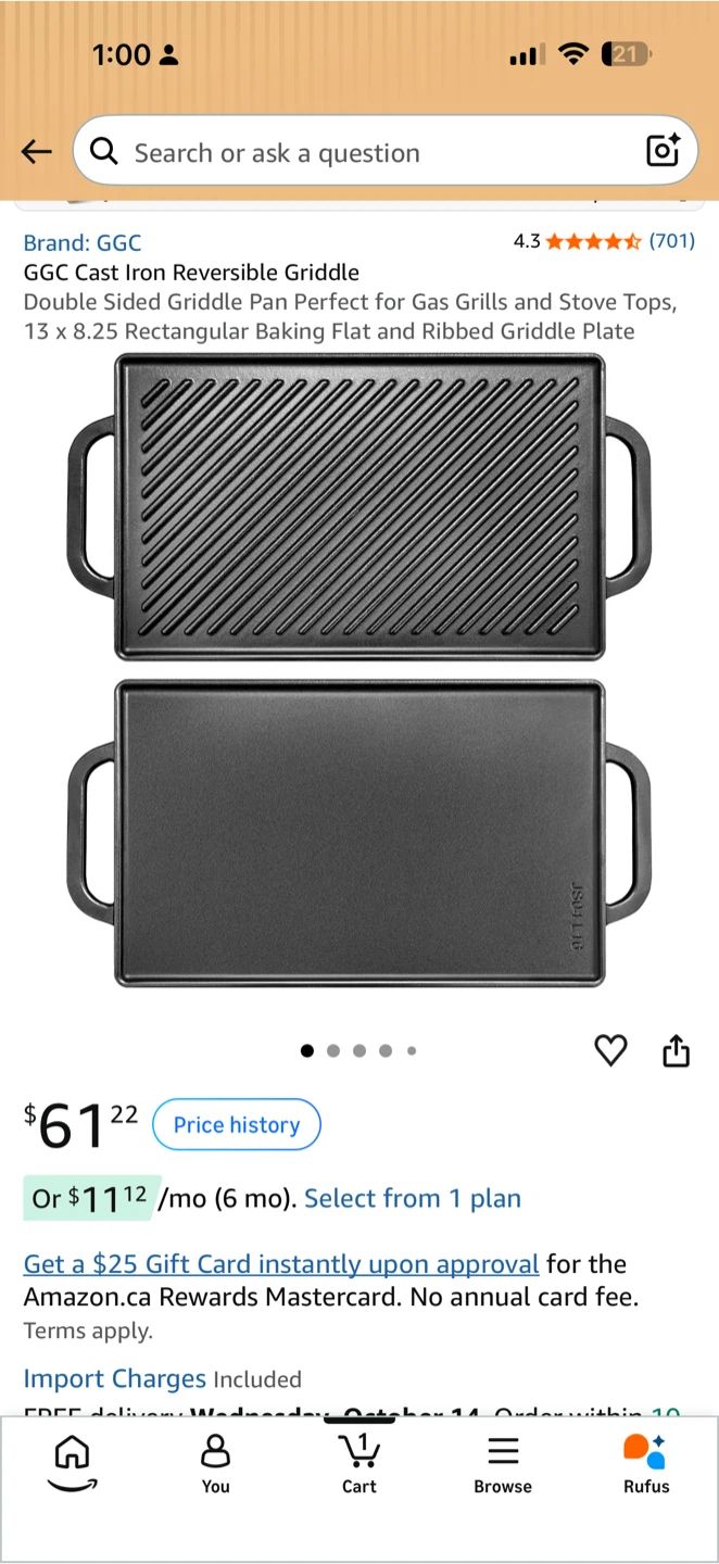 GGC Cast Iron Reversible Griddle brand new