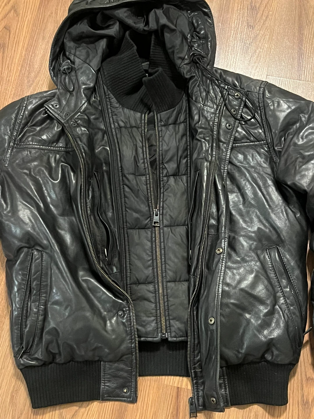 Black Leather Hooded Bomber Jacket - photo 2