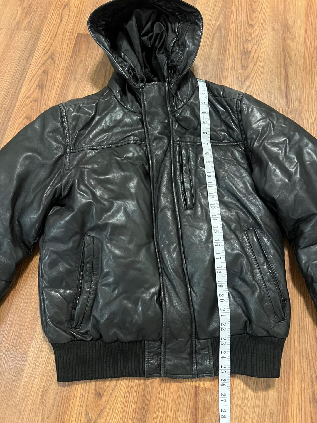 Black Leather Hooded Bomber Jacket - photo 5