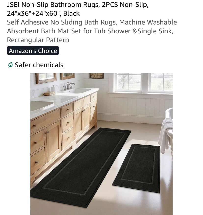 New 2pc Non-Slip Bathroom Rugs Black