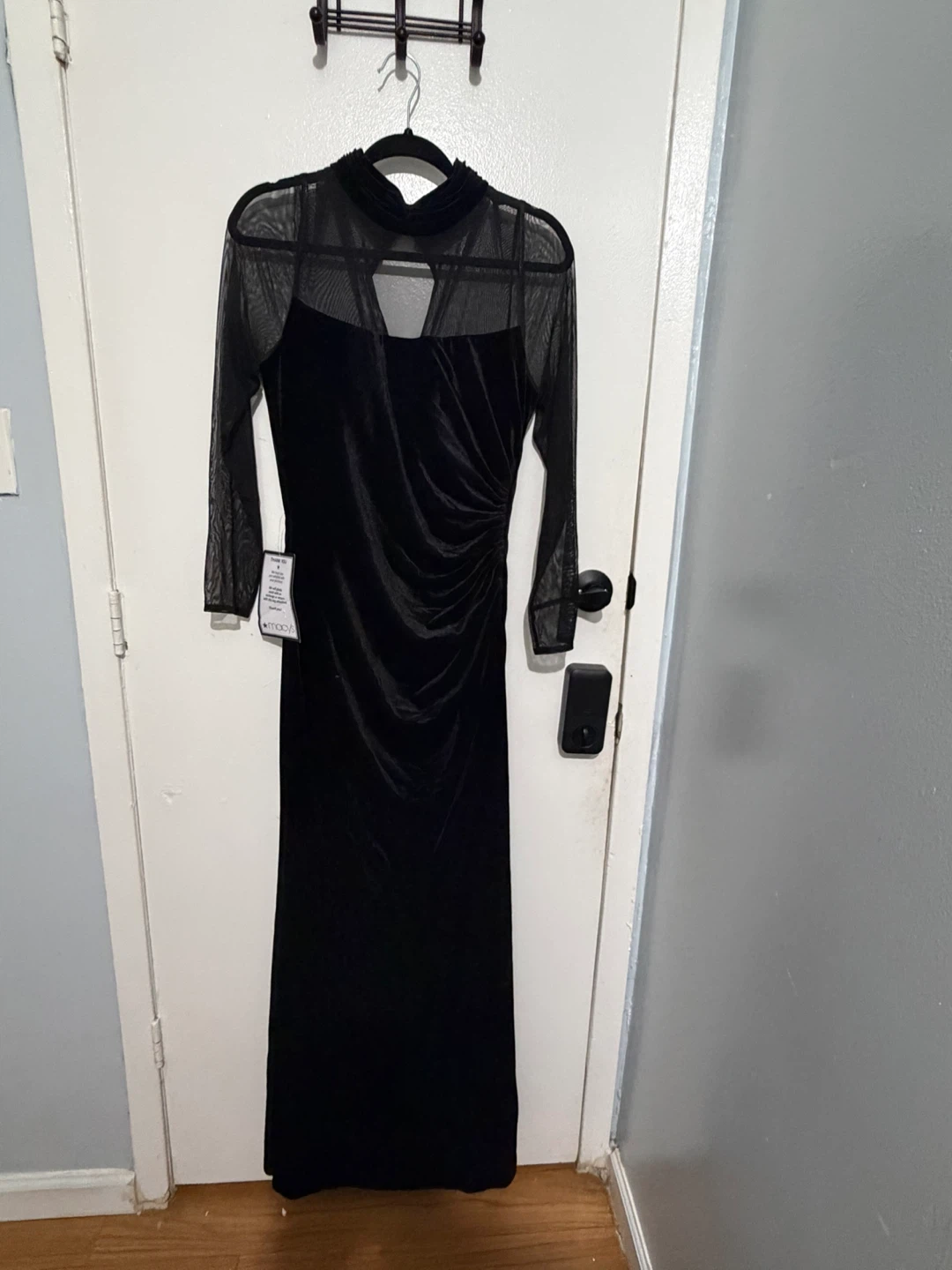 Eliza J Black Velvet Mesh Long Sleeve Gown
