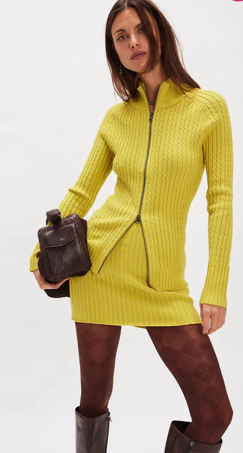 Free People Lime Green Cable Knit Zip Up Sweater Medium BNWOT