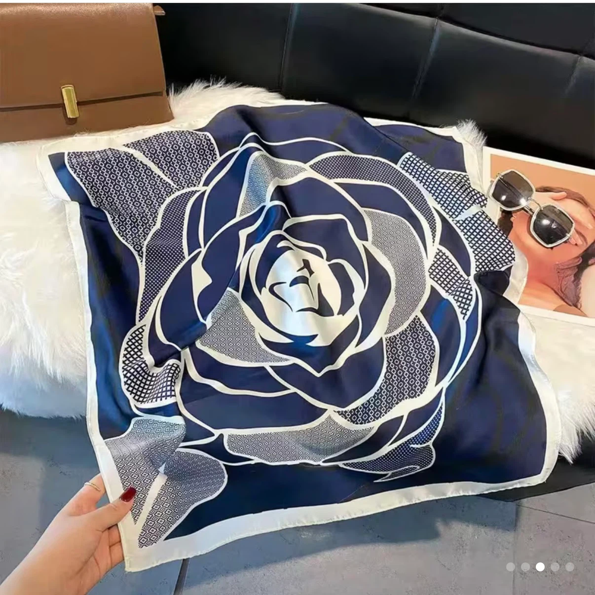 Brand New Navy Blue and White Floral Pattern Silk Scarf - photo 2