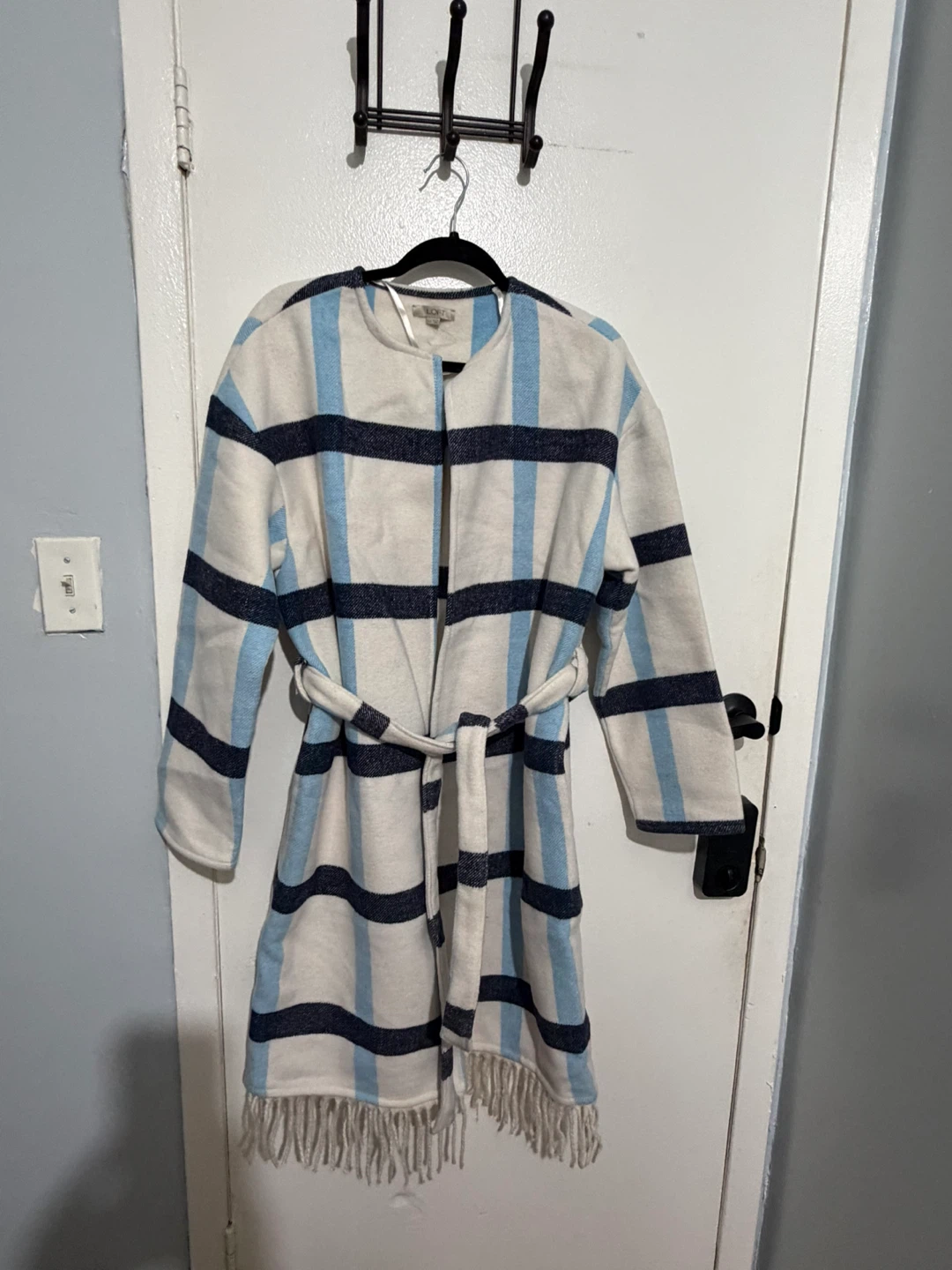 LOFT Plaid Fringe Wrap Coat