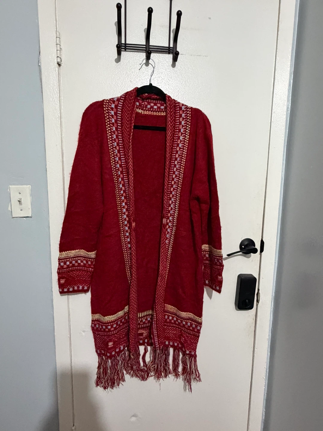 Red Patterned Fringe Cardigan