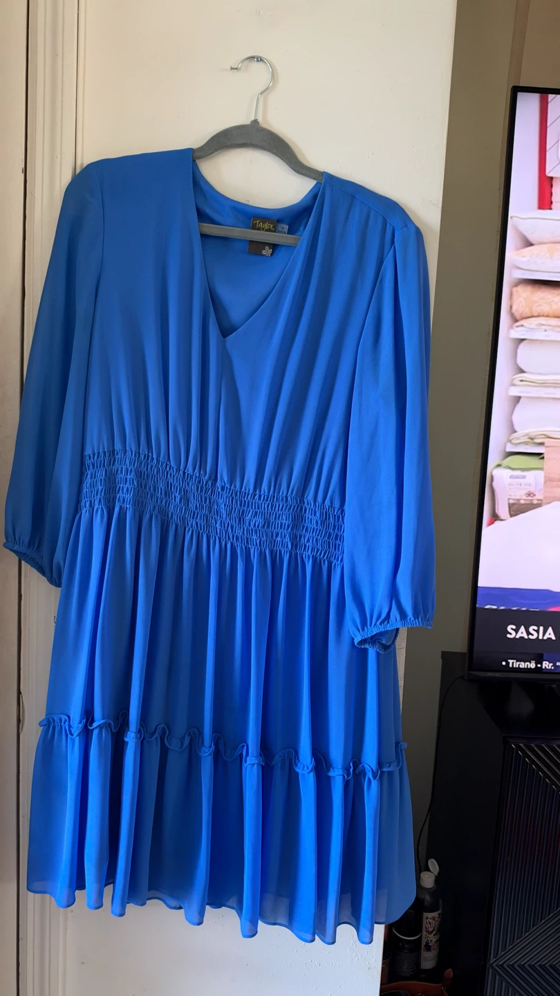 Taylor Blue V-Neck Ruffled Dress