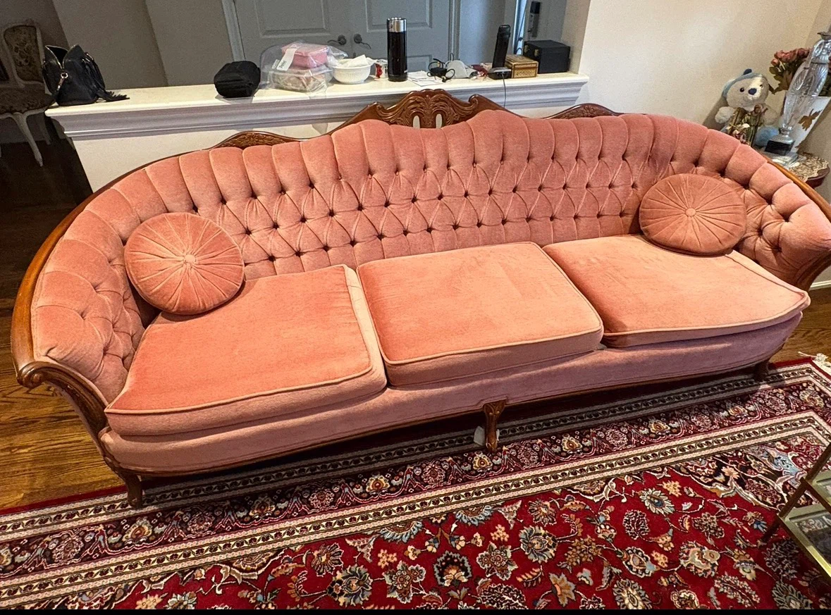 Vintage Pink Velvet Camelback Sofa