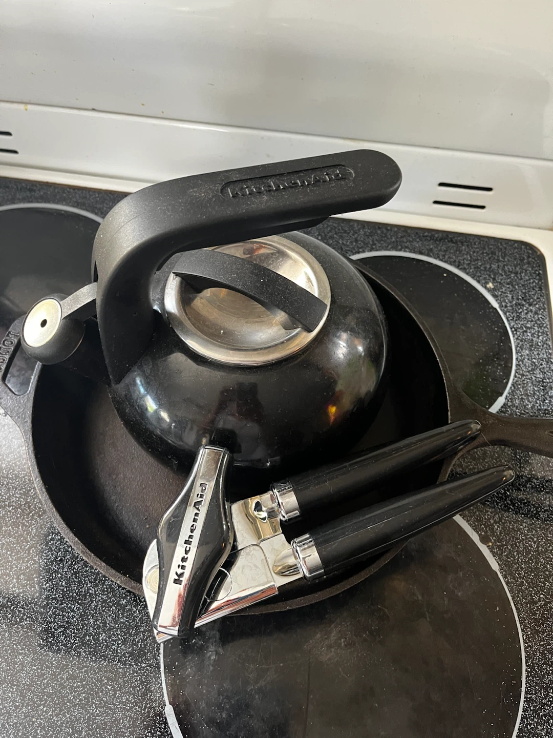 KitchenAid kettle and can opener and iron skillet