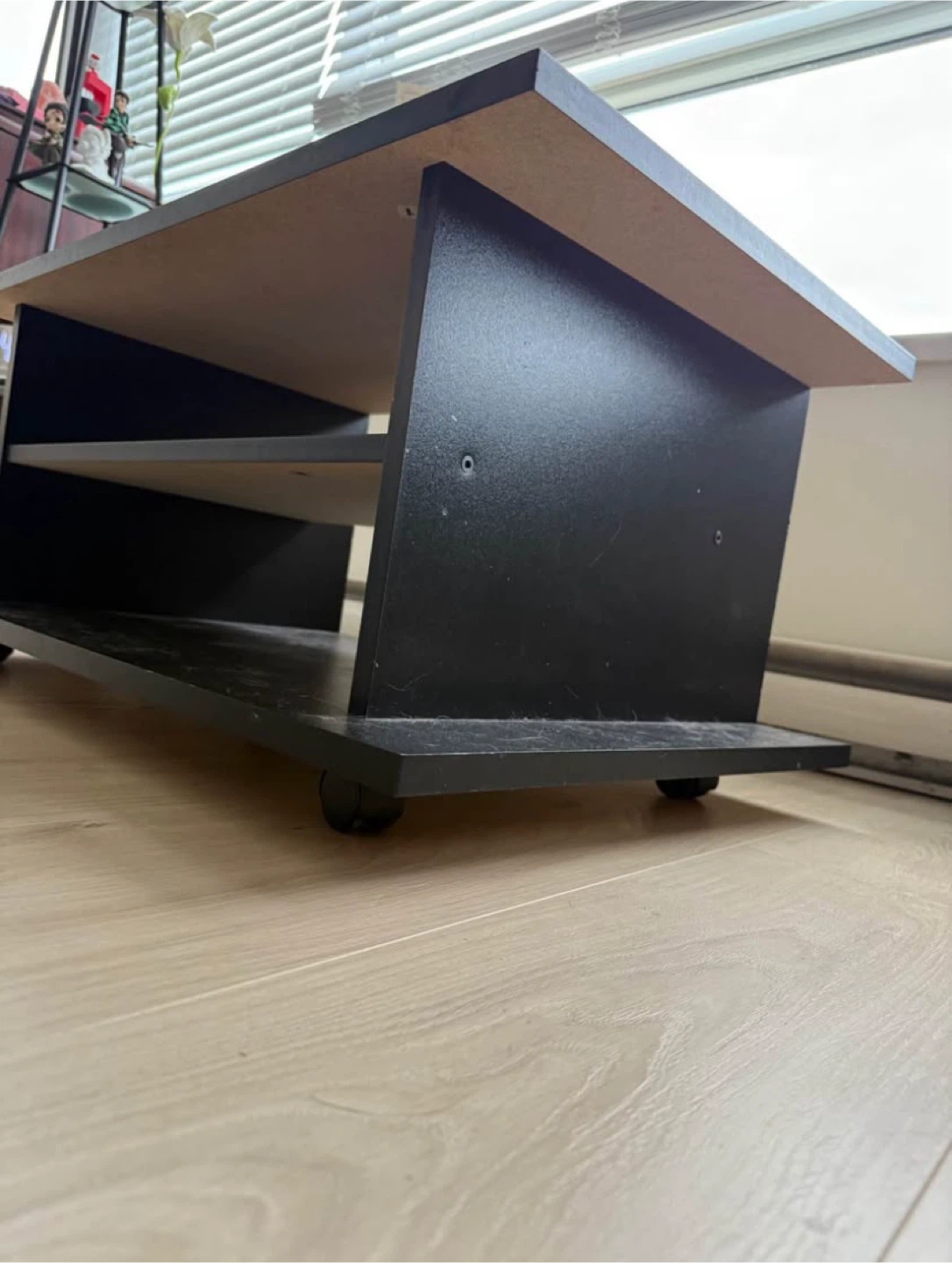 Black Coffee Table with Shelving and Wheels