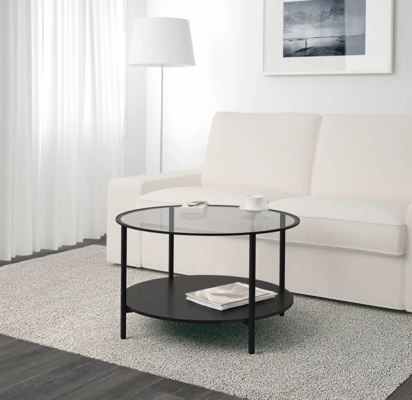 Glass Round Coffee Table, Black Metal