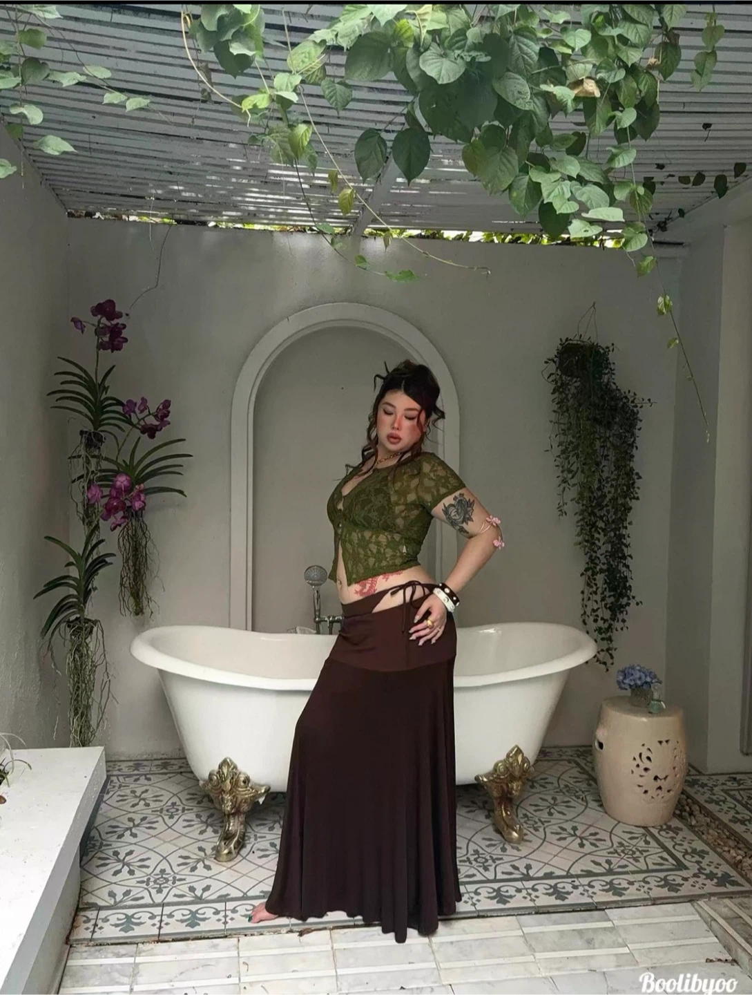Olive Green Lace Crop Top & brown dress