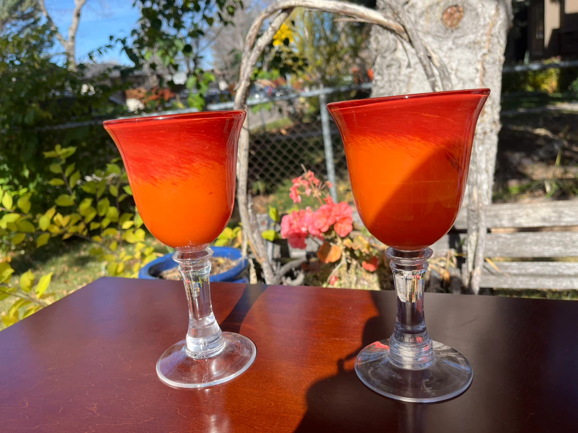 Hand Blown Orange Art Glass Goblets, pair