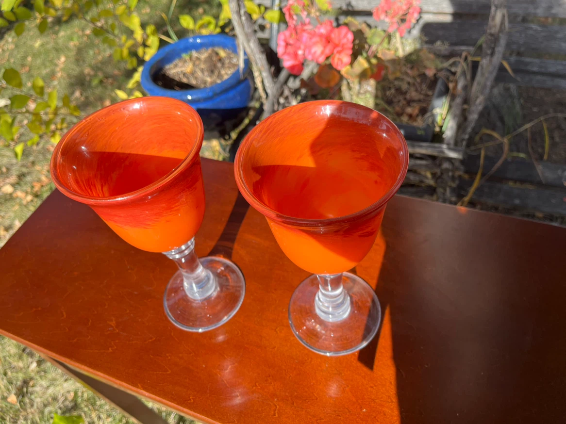 Hand Blown Orange Art Glass Goblets, pair - photo 3
