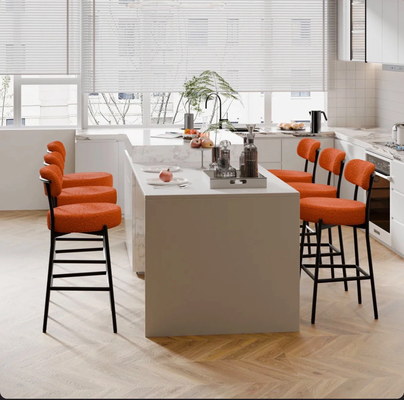 Orange Bouclé Bar Stools - Set of 3 - photo 2