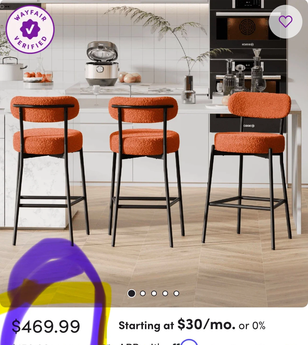 Orange Bouclé Bar Stools - Set of 3 - photo 3
