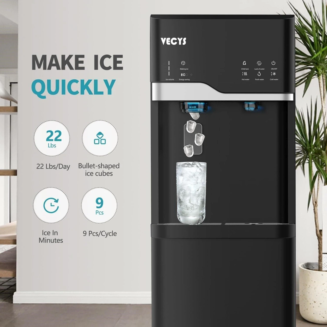 VECYS Bottom Loading Water Dispenser with Ice Maker