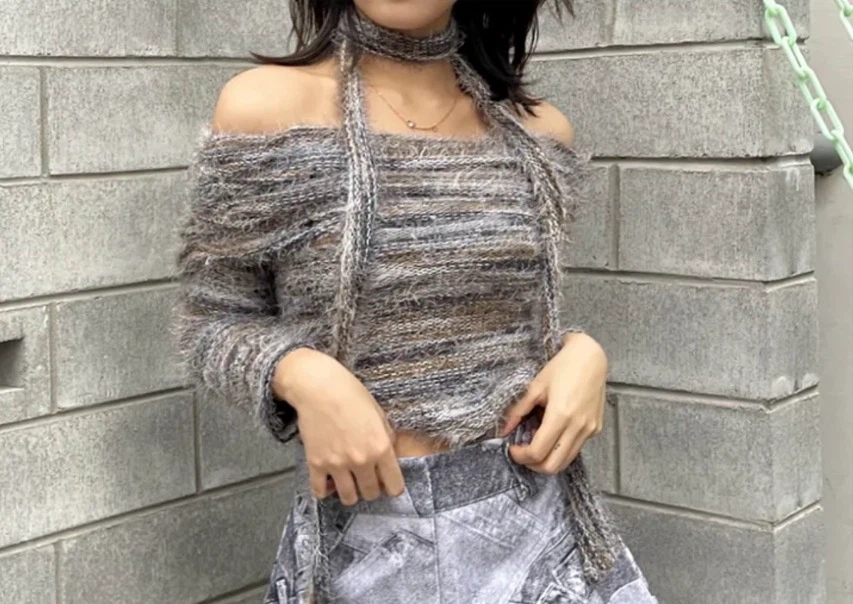 Fuzzy Multi-Coloured Off-Shoulder Top