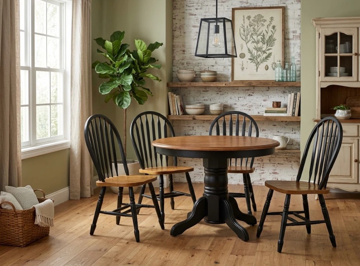 Round wooden dining table and four chairs
