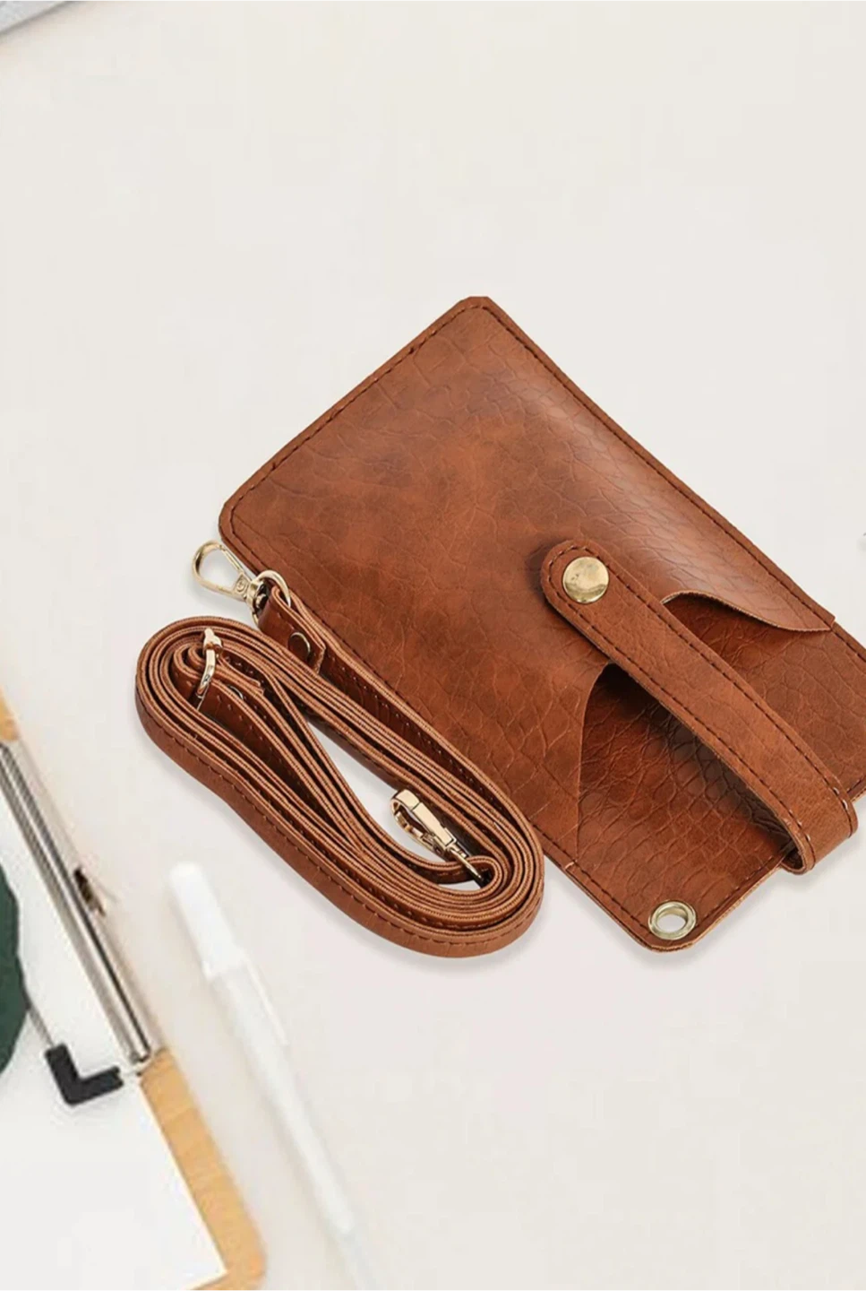 Tan Croc-Embossed Crossbody Phone Bag