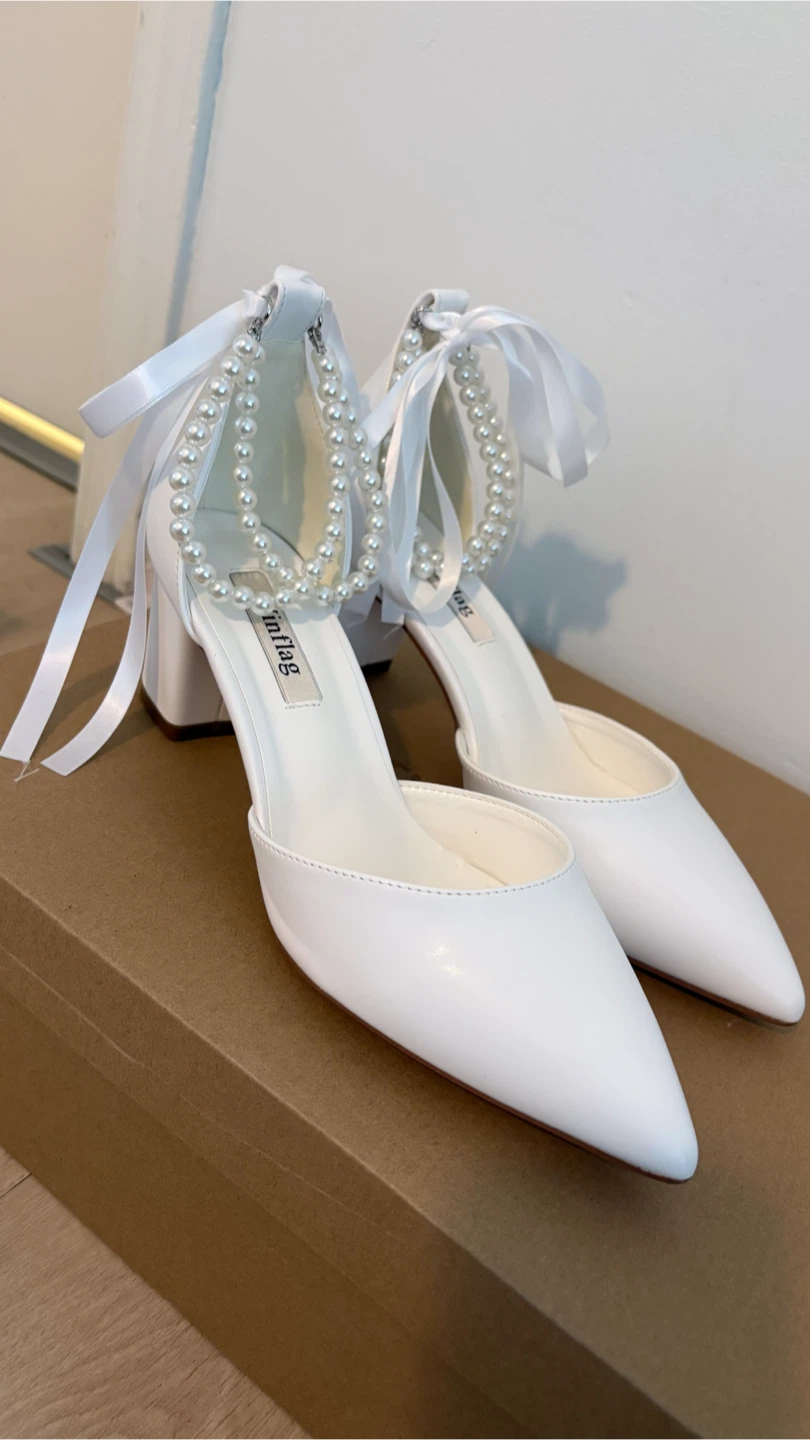 White Finflag Pearl Ankle Strap Heels