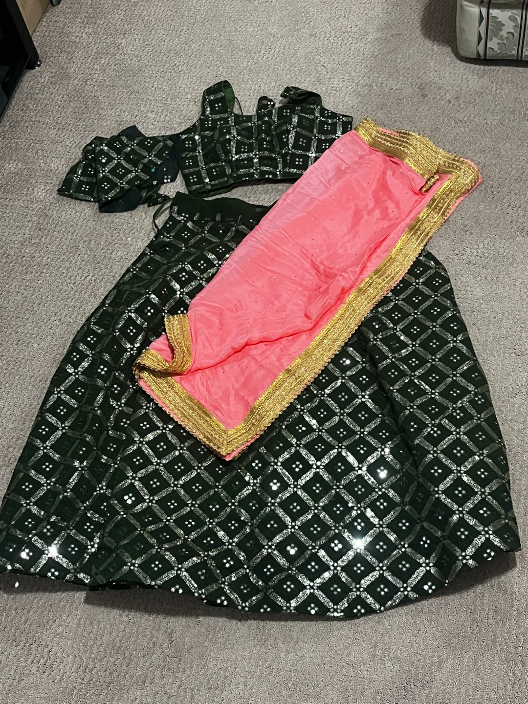 green lengha w/ pink scarf