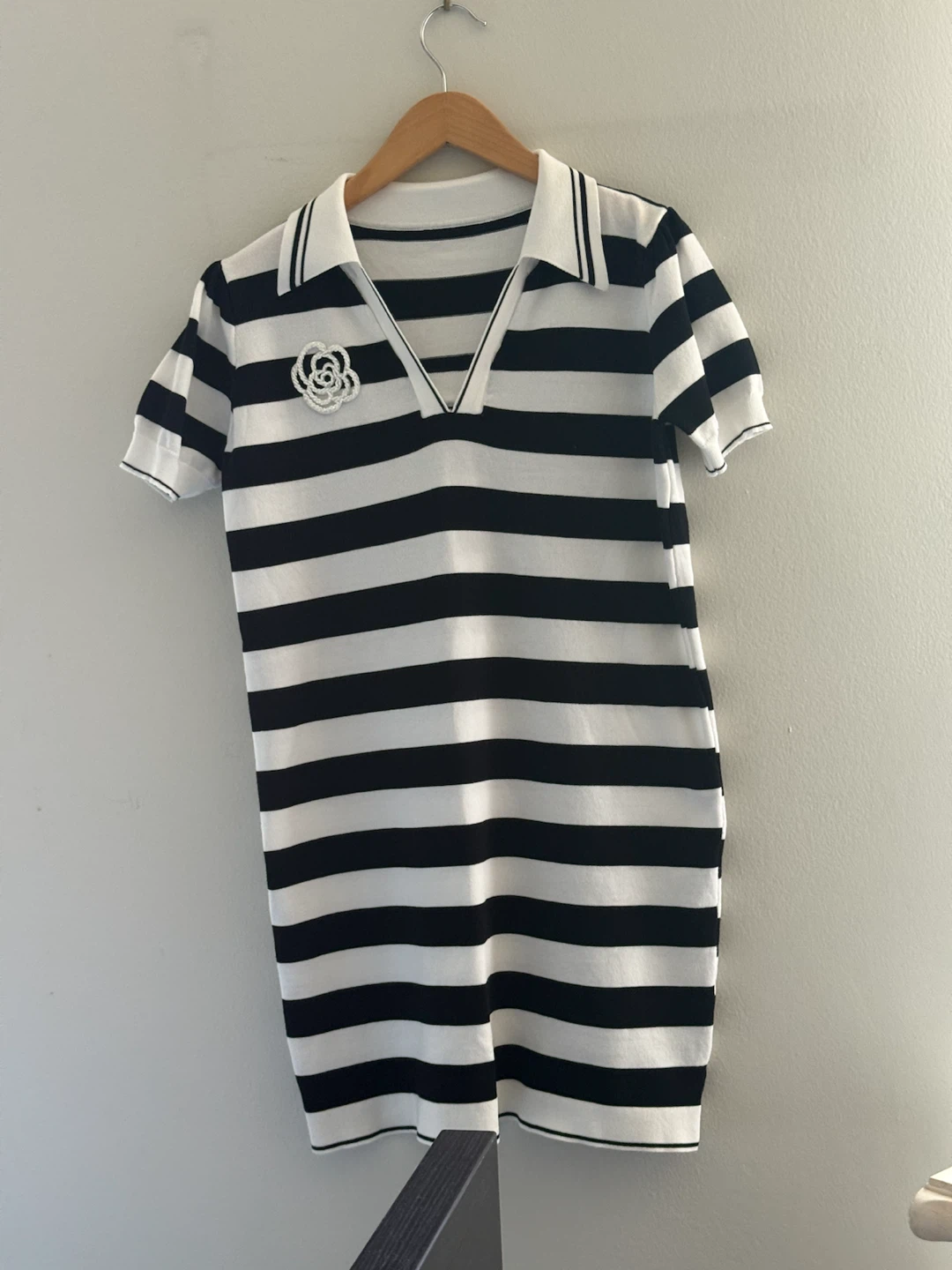Black and white striped collared sweater dress