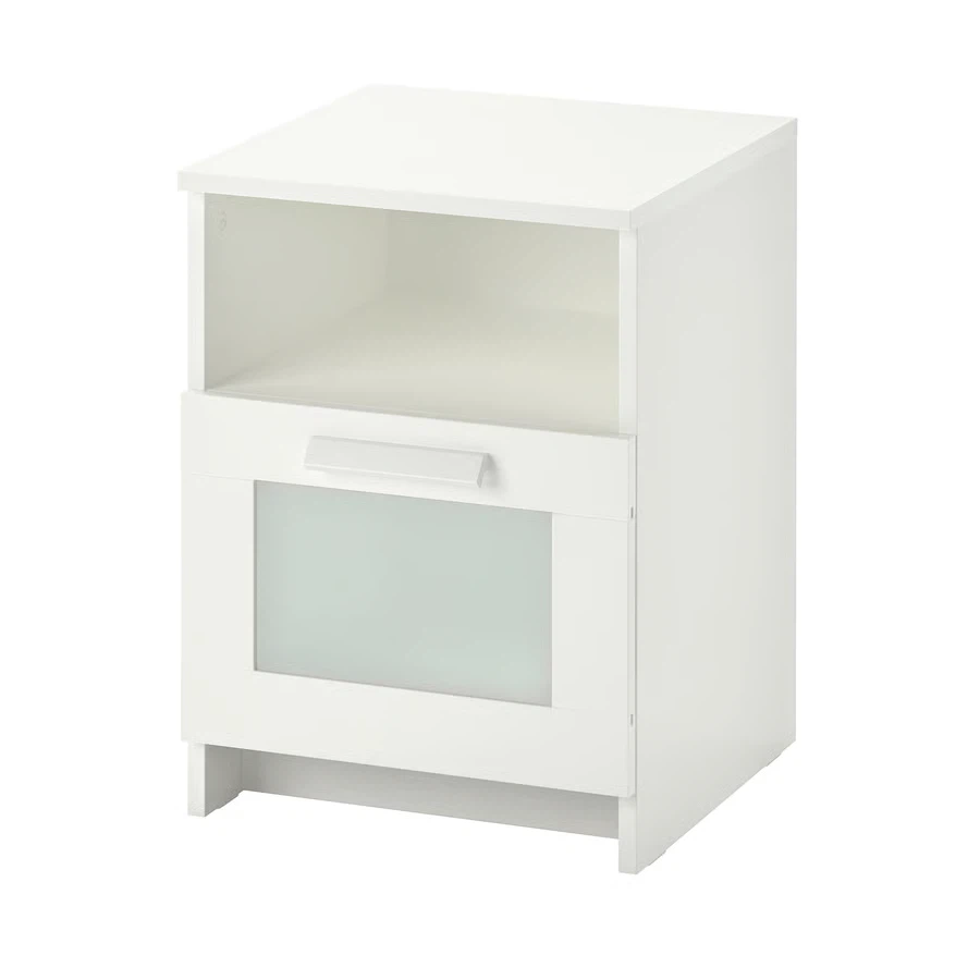 White IKEA bedside table with drawer