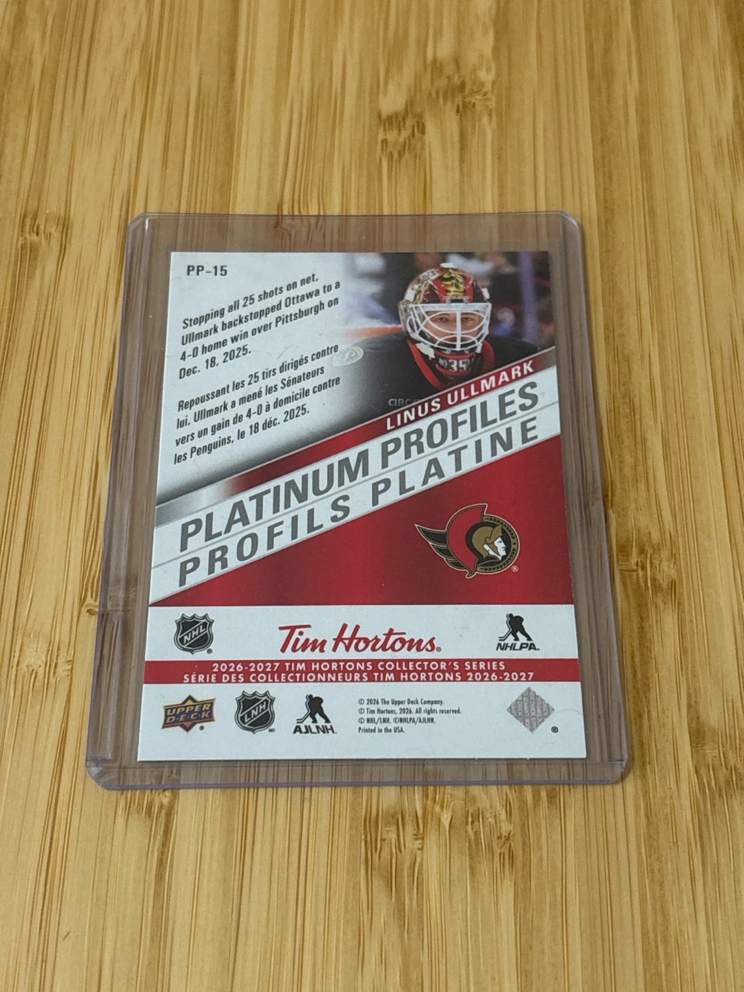 Linus Ullmark platinum profiles hockey card - photo 2