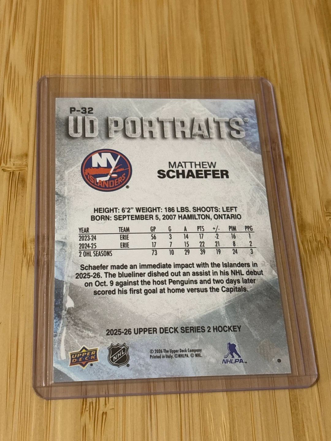 Matthew Schaefer UD Portraits hockey card - photo 2
