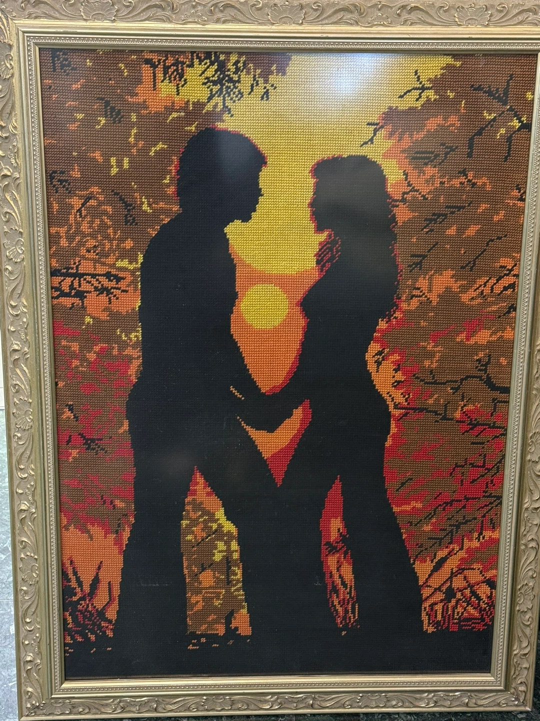 Framed Sunset Couple Cross-Stitch Art