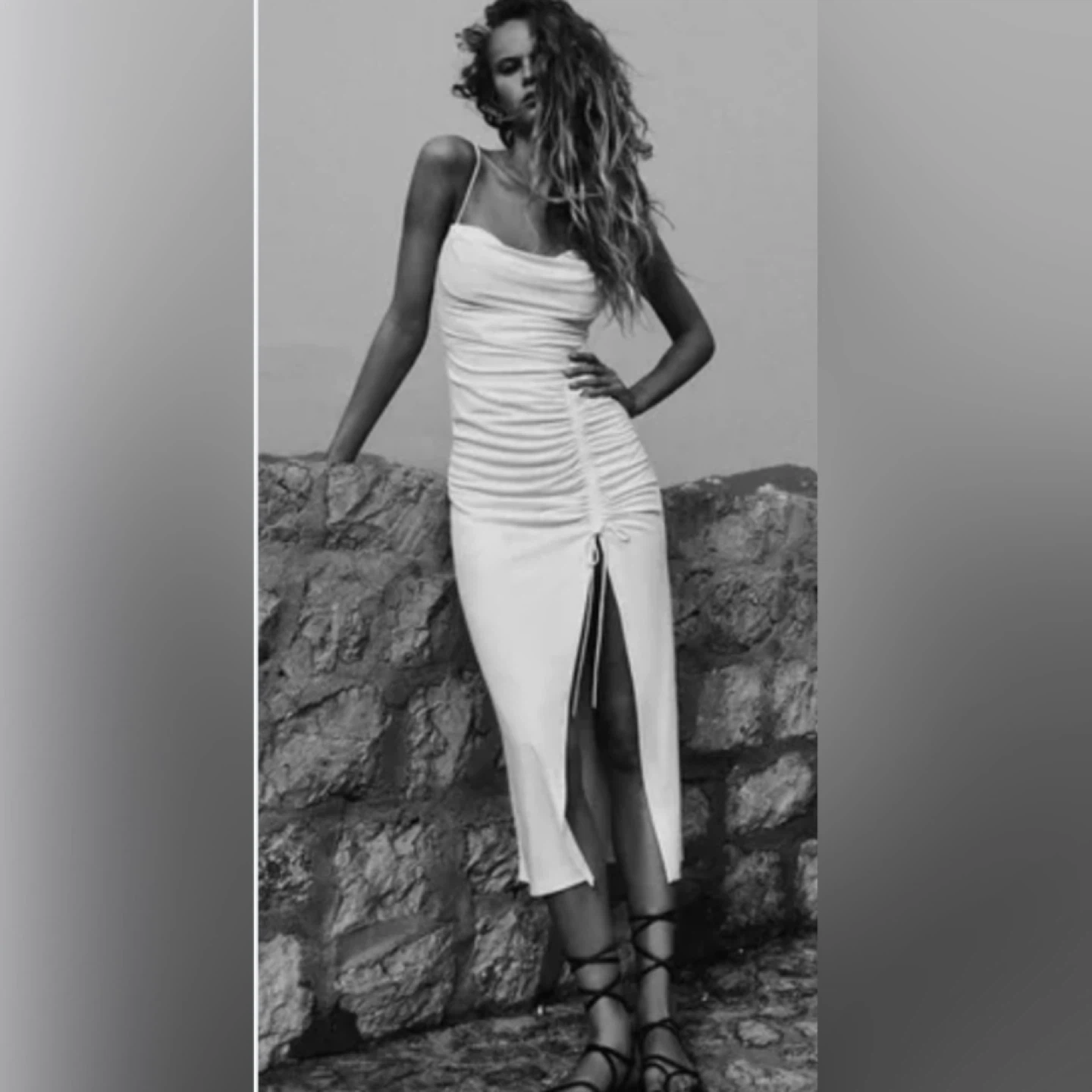 NEW Zara white ruched slip maxi dress M