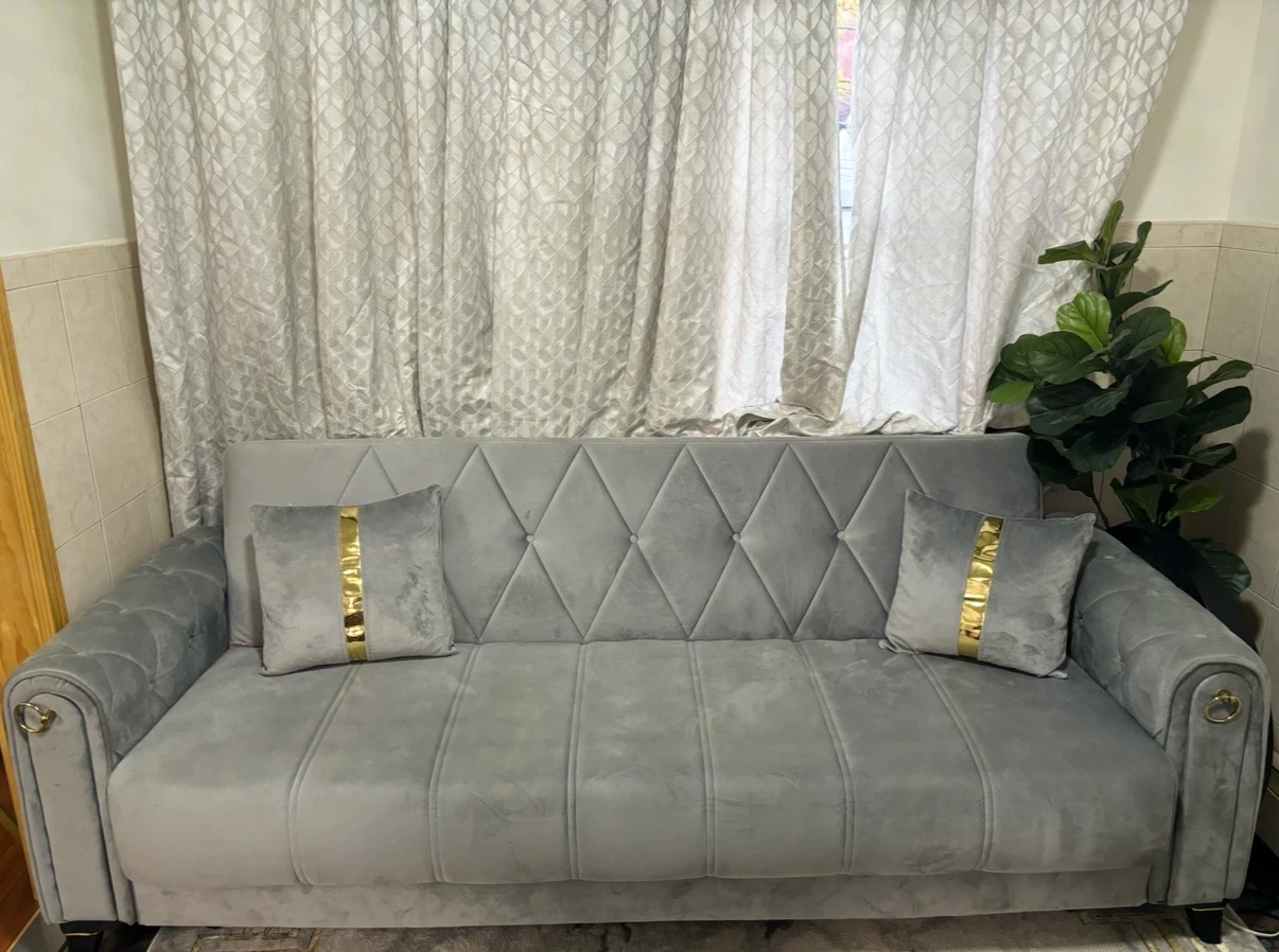 Gray Velvet Sofa Bed with Gold Accents