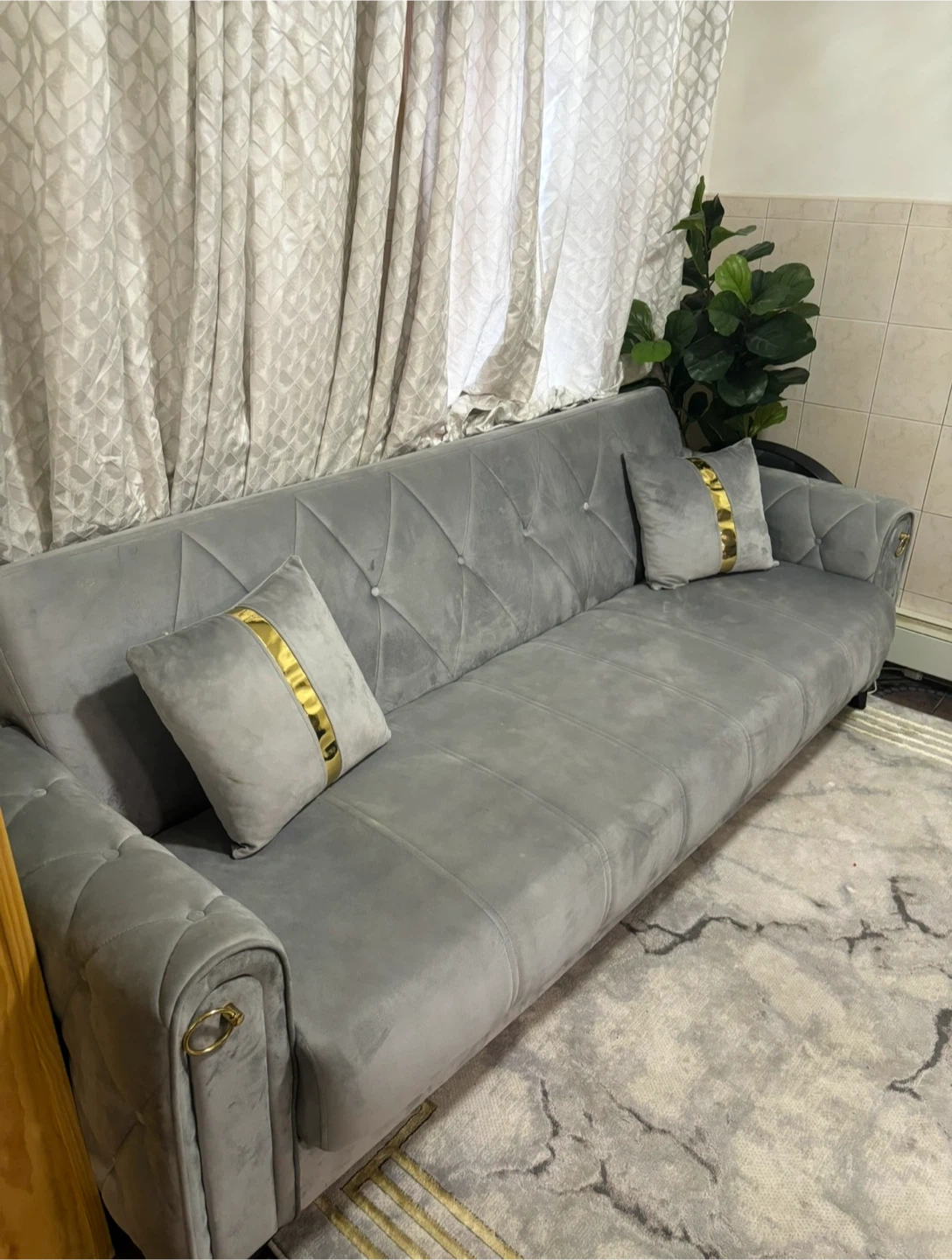 Gray Velvet Sofa Bed with Gold Accents - photo 2