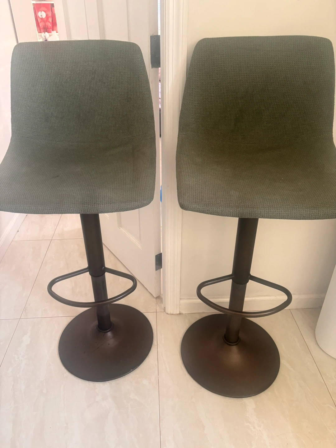 Set of Two Green Upholstered Bar Stools