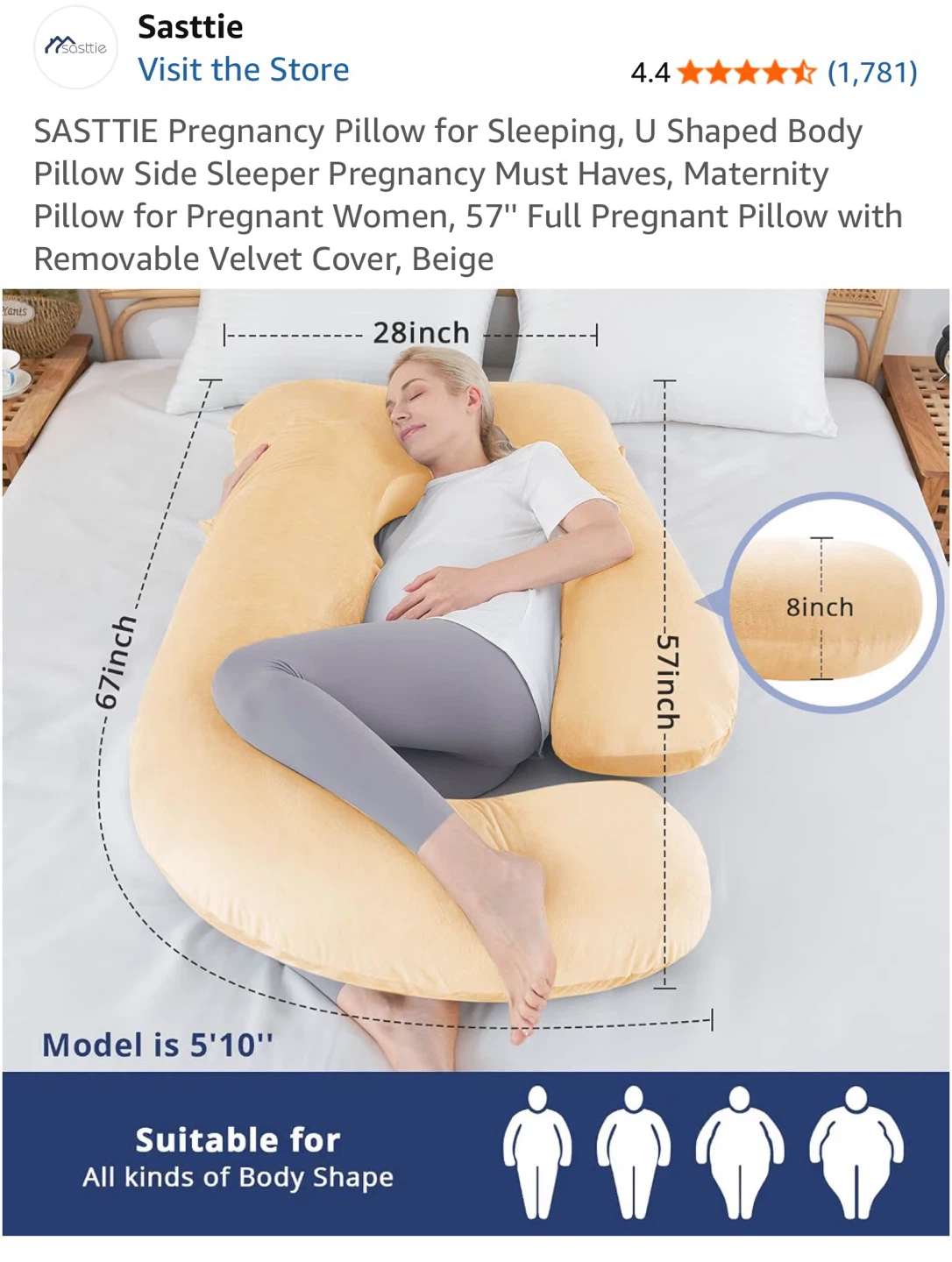 U-Shaped Pregnancy Body Pillow, Beige - photo 2