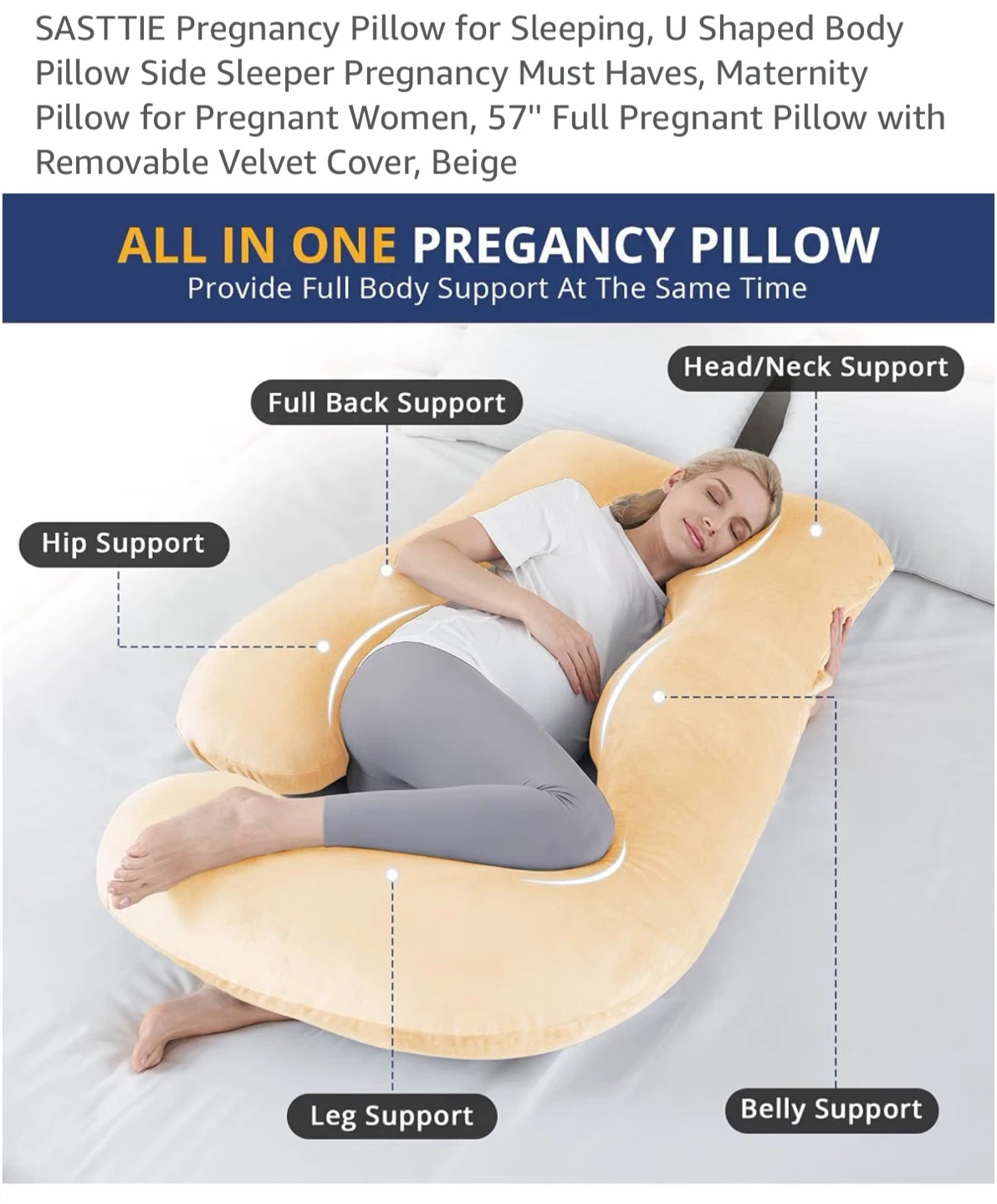 U-Shaped Pregnancy Body Pillow, Beige - photo 4