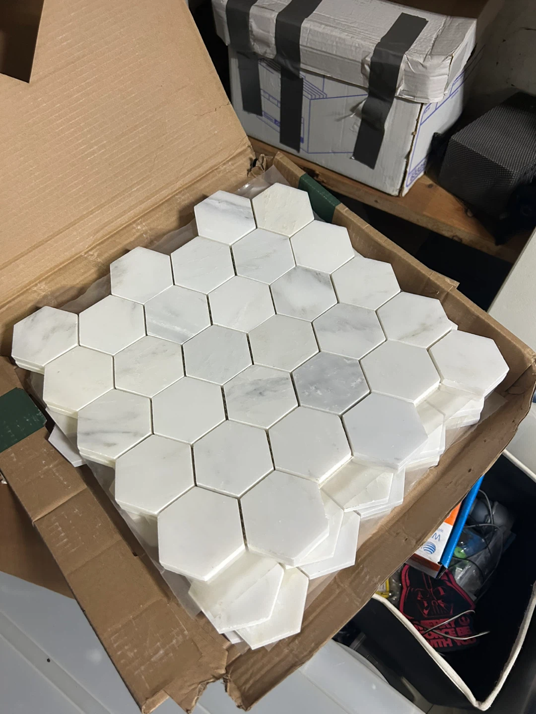 White /Gray Carrera Marble Hexagon Mosaic Tiles