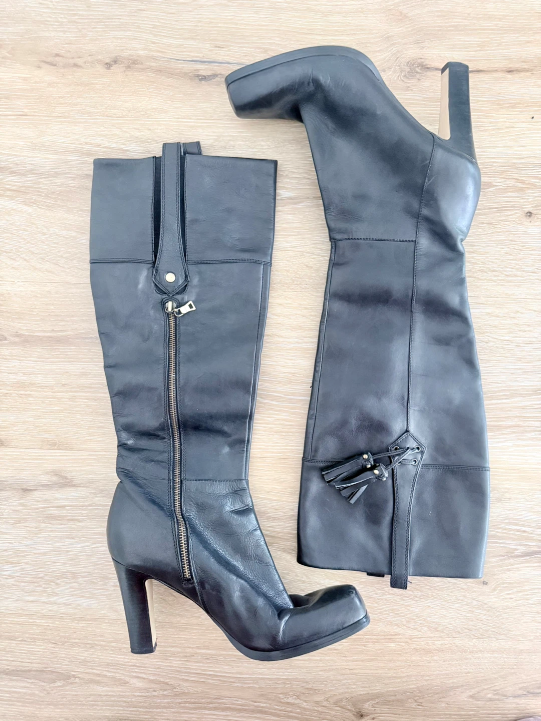 Nine West Black Leather Knee High Heeled Boots Size 9.5M - photo 2