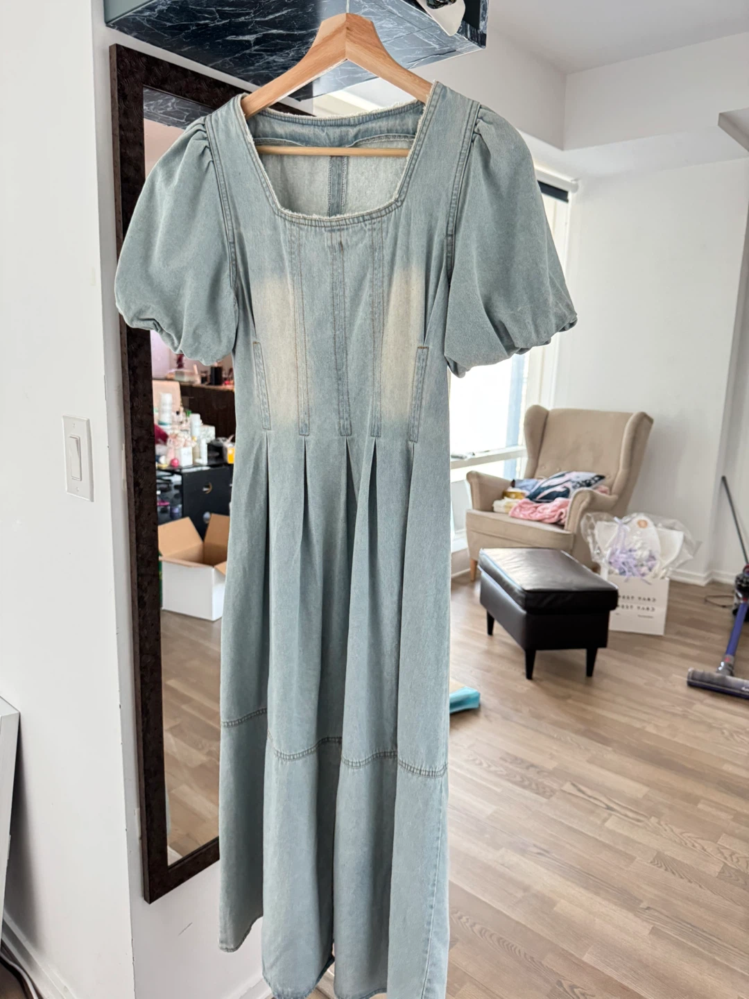 European mid century dress light wash denim dress