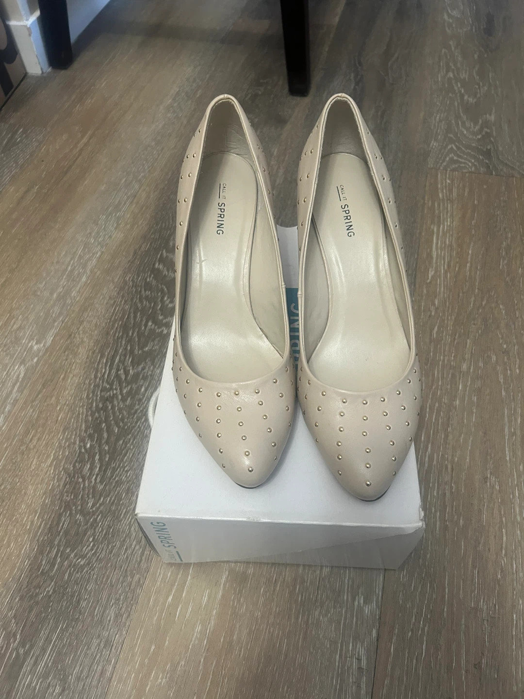 Call It Spring beige studded heels