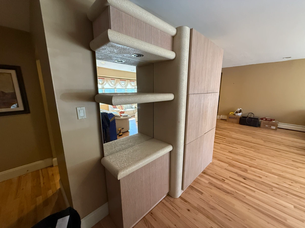 Modern Light Wood Storage Cabinet with Mirrored Shelving