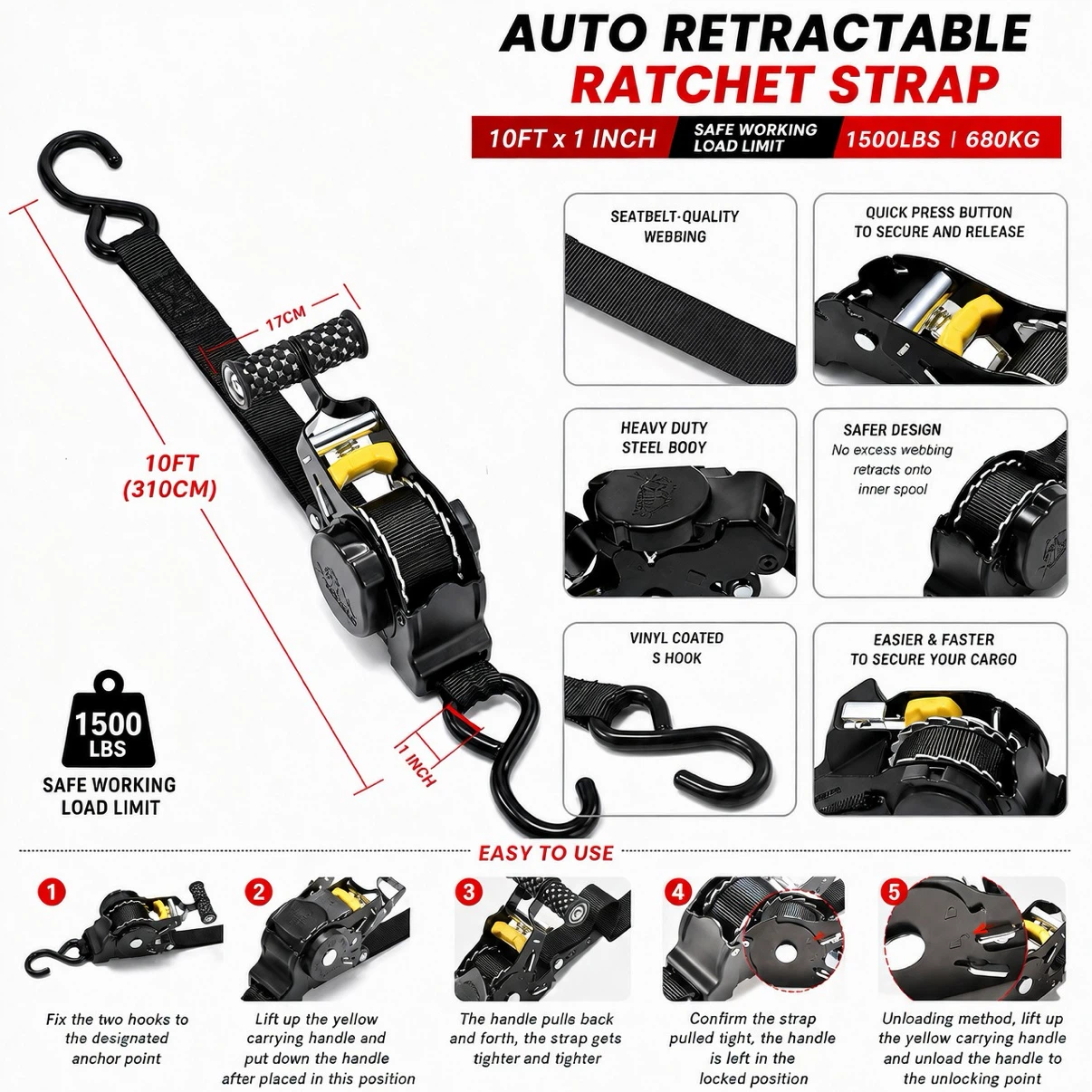 Auto Retractable Ratchet Strap 1500 lbs