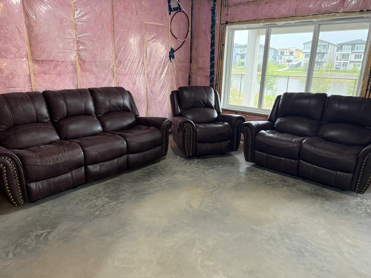 Three-Piece Brown Leather Reclining Sofa Set - photo 3