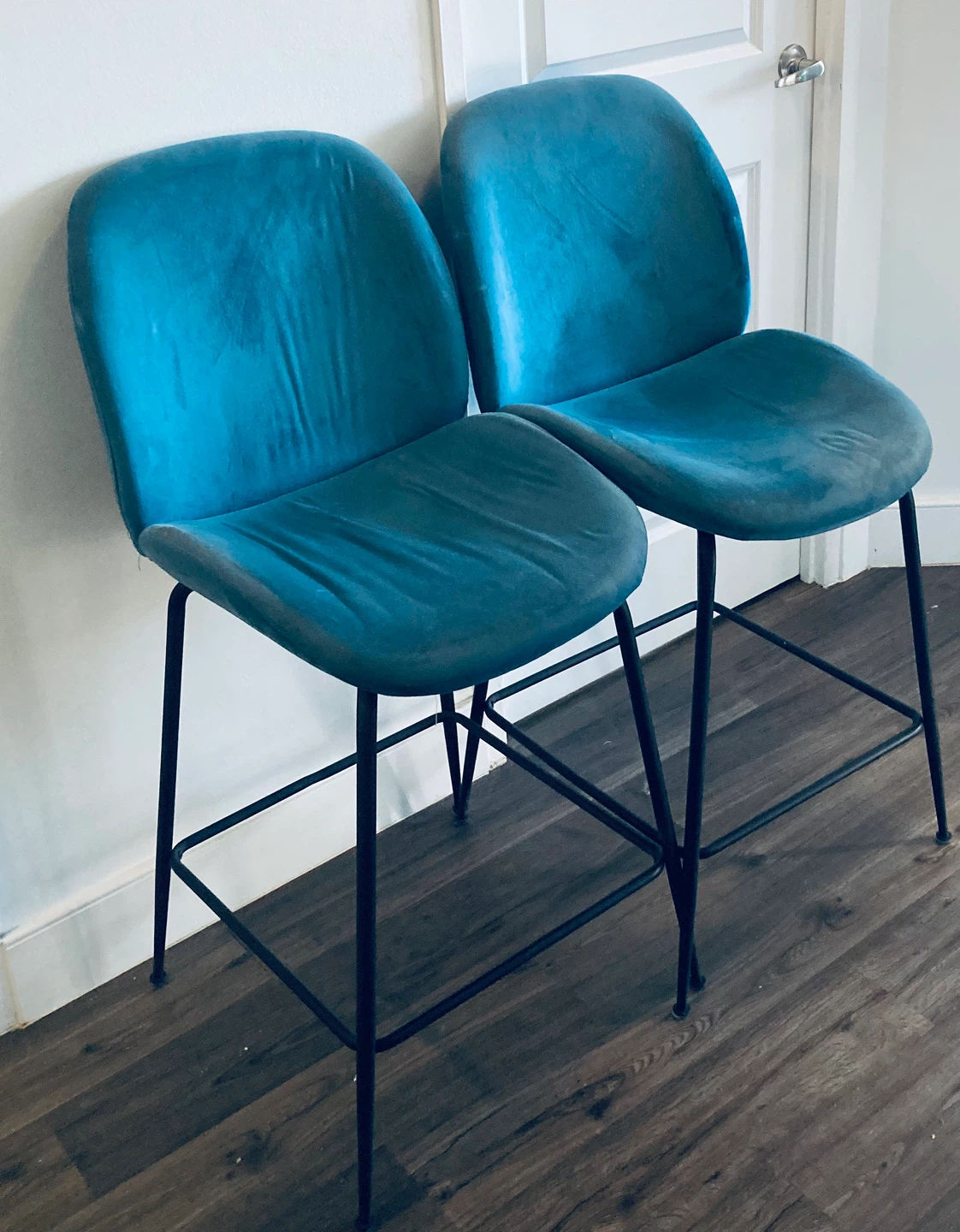 Set of Two Teal Velvet Bar Stools