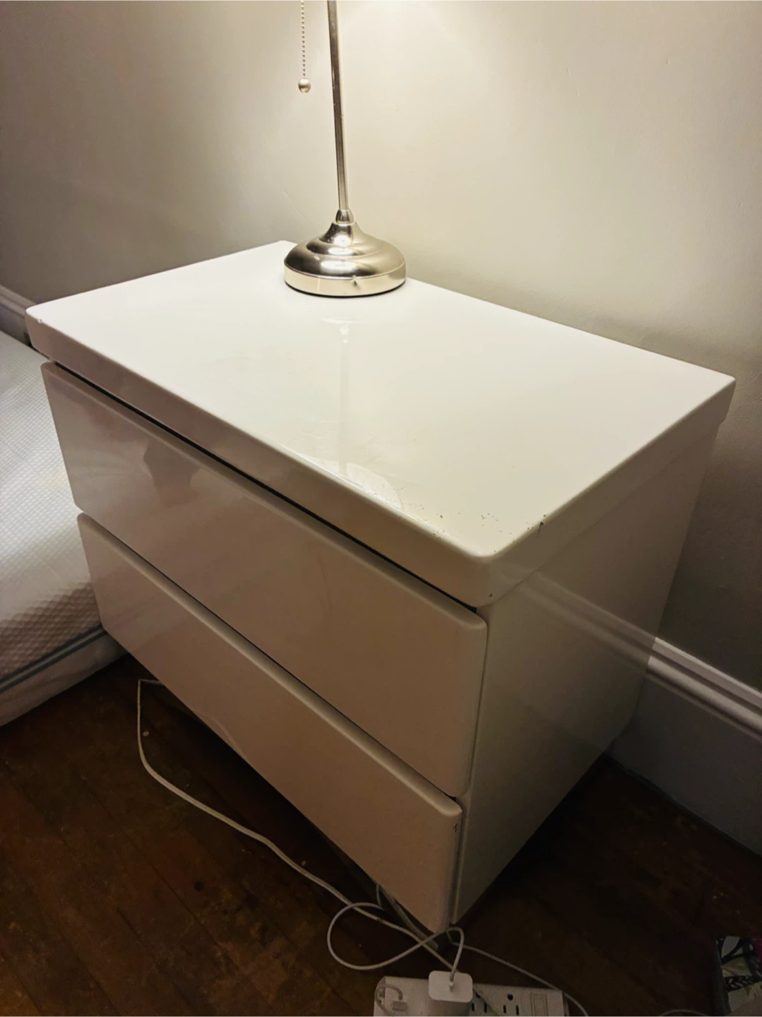White Glossy Two-Drawer Nightstand - photo 2