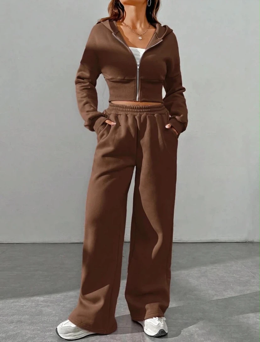 Brown Cropped Hoodie and Wide Leg Sweatpants Set