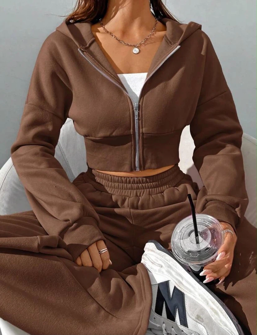 Brown Cropped Hoodie and Wide Leg Sweatpants Set - photo 4